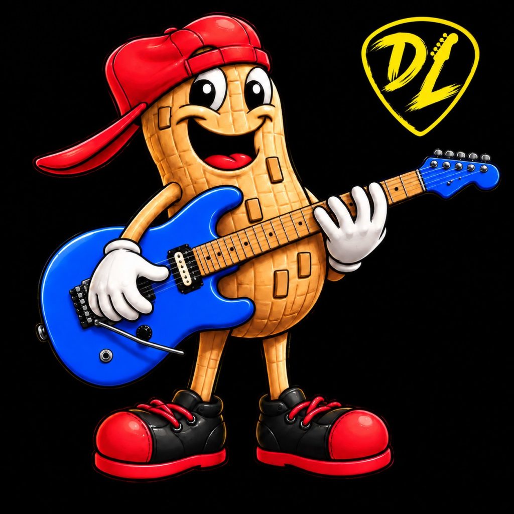 Nouvelle illustration en couleurs de Peanut Butter Man : une arachide souriante avec une casquette rouge, des gants blancs et de grosses chaussures rouges, qui joue d’une guitare électrique bleue